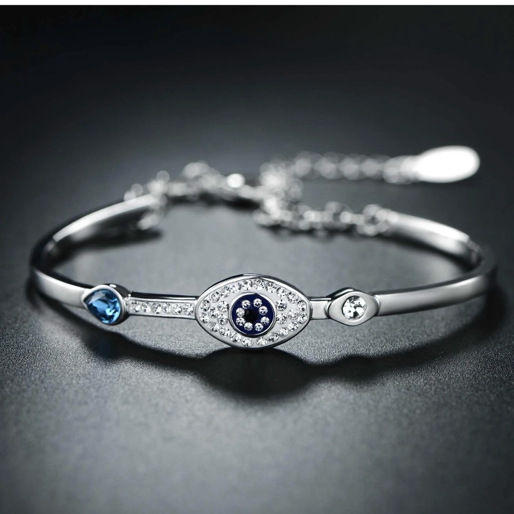 18K White Gold Plated Crystal Evil Eye Bangle